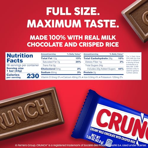CRUNCH Full-Size Candy Bar, Creamy Milk Chocolate with Crunchy Crisped Rice, 36 Individually Wrapped Bars, 1.55 oz Each