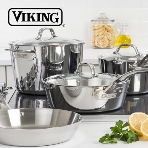 Viking Contemporary 3-Ply Pots and Pans Set, 10 Piece Stainless Steel Kitchen Cookware, Silver