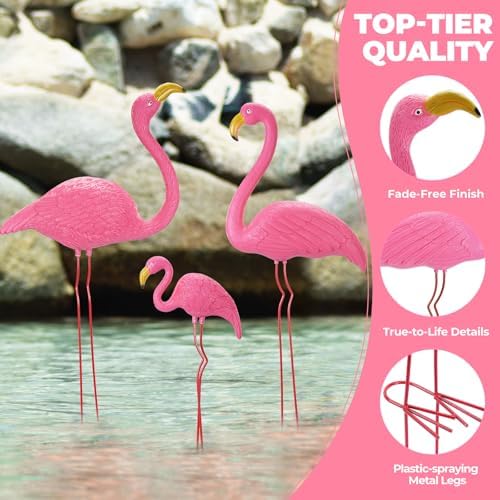 Ohuhu Family Flamingo Yard Ornaments, Set of 3 (32", 31", 19"), Pink | Metal Feet Stakes Bright Pink Flamingos Family, Garden Yard Patio Decoration
