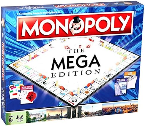 Winning Moves Mega Monopoly Board Game, 12 Extra Spaces Including Downing Street, Saville Row and Knightsbridge, Invest in Skyscrapers, for Ages 8 Plus