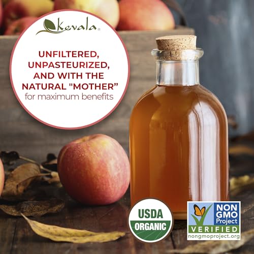 Kevala Organic Raw Apple Cider Vinegar - 35 oz, Cooking, Baking, Hair Care | Gluten Free and Peanuts Free, Ingredient for Vinaigrettes, Dressings, and Detox Shots, Contains the Natural Mother of Vinegar