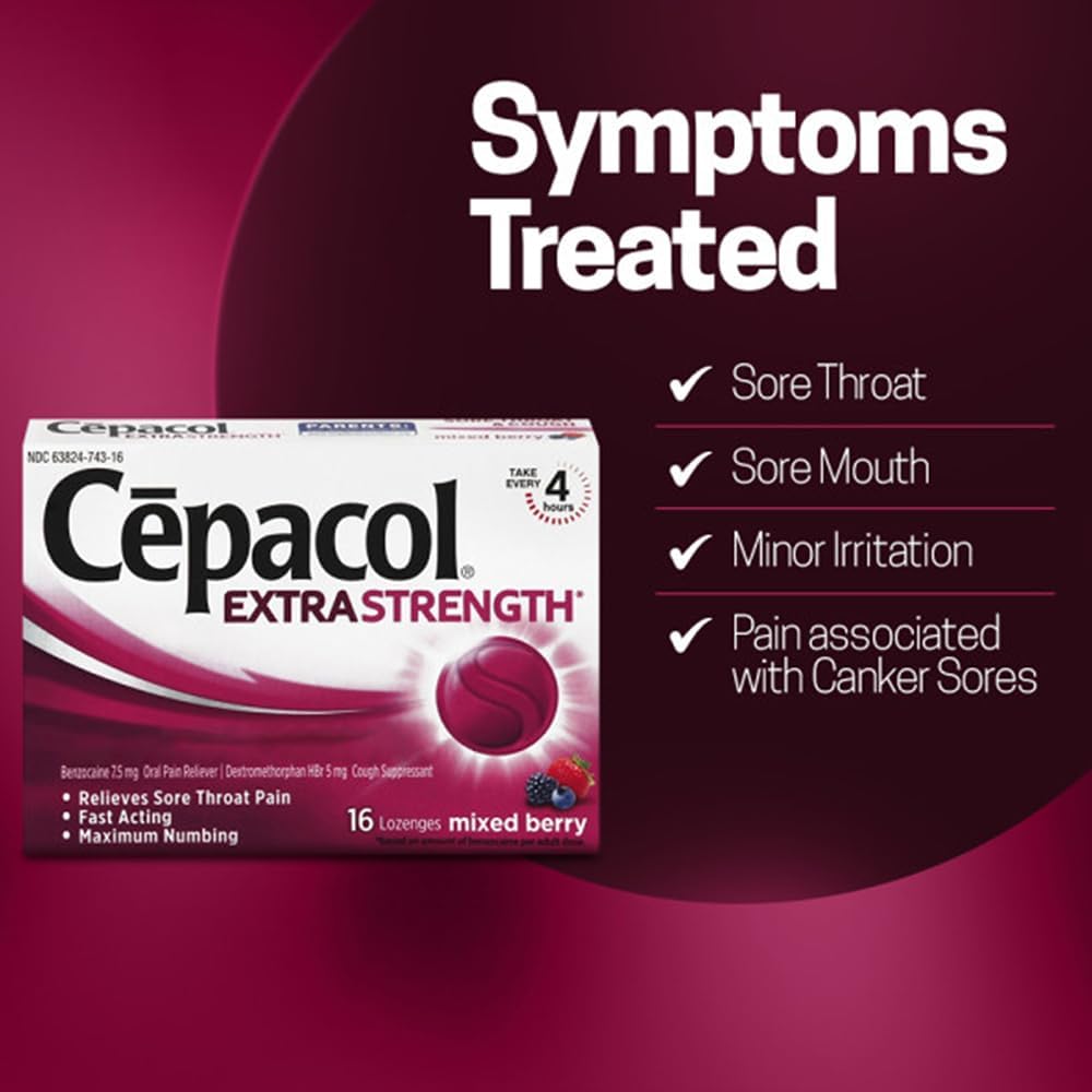 Cepacol Extra Strength Sore Throat & Cough Relief Lozenges, 16 Count, Mixed Berry Flavor, Maximum Numbing, Fast Acting Relieves Sore Throat Pain, and Quiets Cough (Pack of 4)