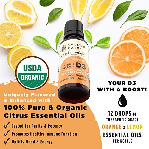 Organic Liquid Vitamin D Drops for Kids & Adults, Sugar Free. Easy to Use 1, 000 IU/Drop in Coconut MCT Oil. Lasts Months