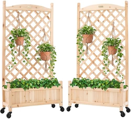 Best Choice Products Set of 2 48in Wood Planter Box & Diamond Lattice Trellis, Mobile Outdoor Raised Garden Bed for Climbing Plants w/Drainage Holes