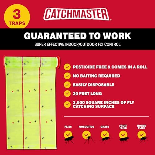 Catchmaster Giant Fly Glue Trap 3-Pack 30 Feet Each, Adhesive Fly Traps Outdoor, Sticky Bug Catcher, Bulk Flying Insect Paper Roll
