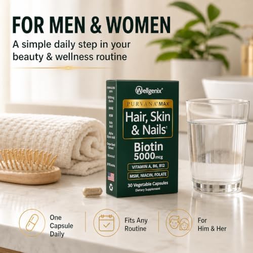 Wellgenix Purvana MAX Hair Skin and Nails Supplement – 5000mcg Biotin with MSM & B-Complex – Support for Thicker Hair, Stronger Nails & Glowing Skin – 30 Veggie Capsules | Biotin, MSM & hyaluronic acid in vegetable capsules for thicker, fuller hair, stro…