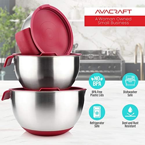AVACRAFT 18/10 Stainless Steel Mixing Bowls with Lids, non slip silicone base bowls with Handle, Mixing Bowl Set with Pour Spouts & Measurement Marks, Home Essentials Cooking Bowls, (Red)