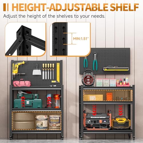 32" H Metal Garage Workbench with Wheels,3-Tier Garage Roling Tool Work Bench,Adjustable Heavy Duty Work Table on Wheels,Black Mobile Garage Workstation for Warehouse Workshop,Screwless Design