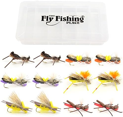 The Fly Fishing Place Chernobyl Ant and Foam Hopper Fly Fishing Flies Assortment - 12 Flies - 2 Each of 6 Trout Bass Flies with Fly Box