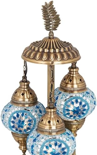 DEMMEX 3-Globe Turkish Moroccan Table Lamp, Tiffany Mosaic Glass Bedside Night Light, Handmade Colorful Mosaic Glass Globes & Antique Brass Finish Base, 21" H, Multicolor
