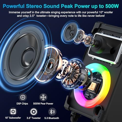 JYX Karaoke Machine with 2 Wireless Mics, 10" Woofer 500W Peak Power Big Portable Bluetooth Speaker with Bass/Treble Adjustment