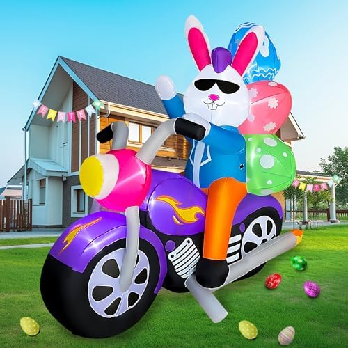 SEASONBLOW 6 FT Easter Inflatable Bunny on Motorcycle with Eggs Decorations Light Blow Up Rabbit for Yard Lawn Garden Home Outdoor Indoor Holiday