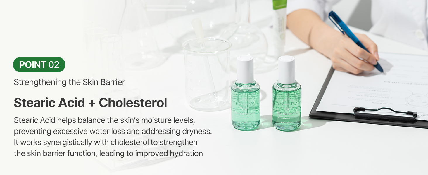 Stearic acid and cholesterol to strengthen the skin barrier and improve skin hydration.