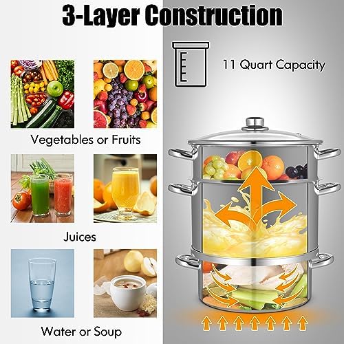 Giantex 11 Quart Juice Steamer Fruit Vegetables Juicer Steamers w/Tempered Glass Lid, Hose, Clamp