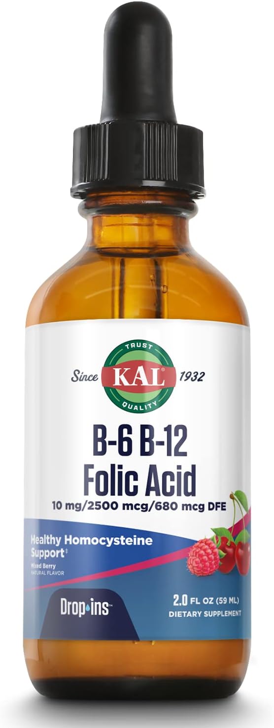KAL Vitamin B-6 B-12 Folic Acid DropIns, Liquid Vitamin B Supplement Drops, Heart Health, Energy, Red Blood Cell Support with Methyl B12 and Methyl Folate, Natural Mixed Berry Flavor, 59 Servings, 2oz | Cardiovascular, Energy & Nerve Support - Active P-5…