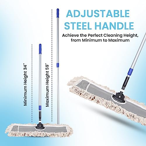 24" Industrial Cotton Floor Dust Mop with adjustable Steel Handle - Commercial Mops for Hardwood, Tiles, Laminate, Vinyl, Garage epoxy, Bamboo surface cleaning and Flooring Push Dust Broom