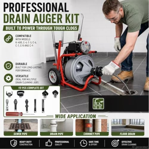 10PCS K-400 Drain Snake Drill Attachment Kit - 5/8 Inch Auger Cutter Heads & Spiral Tips Set for K-400 C-4/C-6/C-7/C-8/C-9