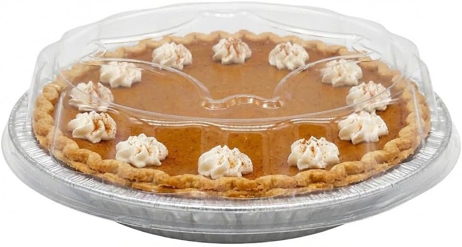Durable Packaging 9" Aluminum Foil Pie Pan Plate Tin 1-5/16" Deep w/Clear Plastic Dome Lid Cover (Pack of 12)