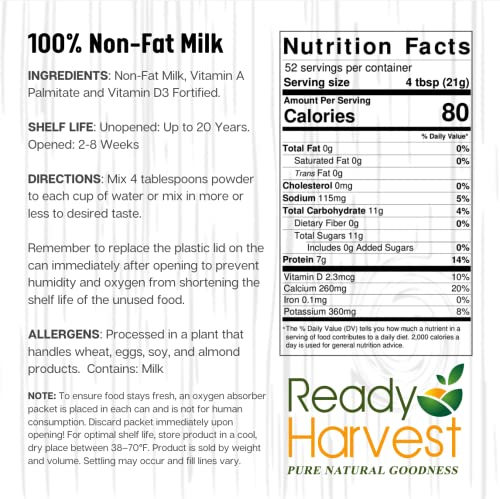 Ready Harvest Emergency Food - Non-Fat Milk Powder | Powdered Milk | Survival Food | #10 Can | 25-Year Shelf Life | 2 lbs | Cans Filled to the Top