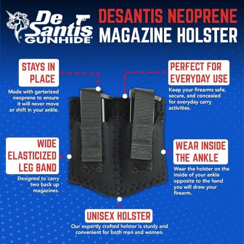Desantis Neoprene Ankle Double Magazine - Ambidextrous, Black | Fits Most Standard 9MM/40CAL Magazines, Concealed Ankle Magazine Holster