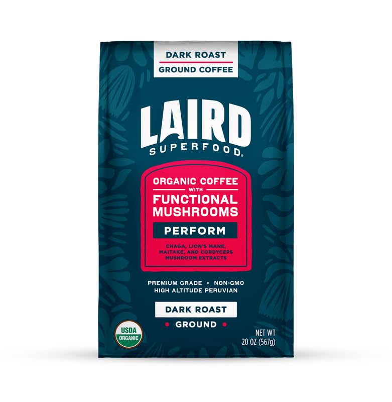 Laird Superfood Peruvian Dark Roast Coffee with Functional Mushrooms, Certified Organic Peruvian Ground Coffee Beans, Gluten-Free, Dairy-Free, Non-GMO