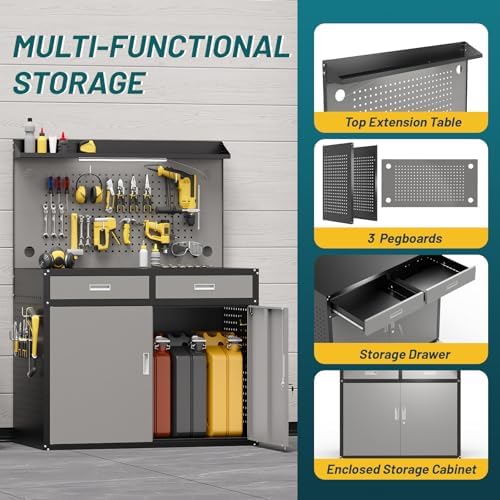 48" Heavy Duty Workbench with Drawers and Lockable Storage Cabinet- 2500 LBS Capacity Work Bench with Pegboard
