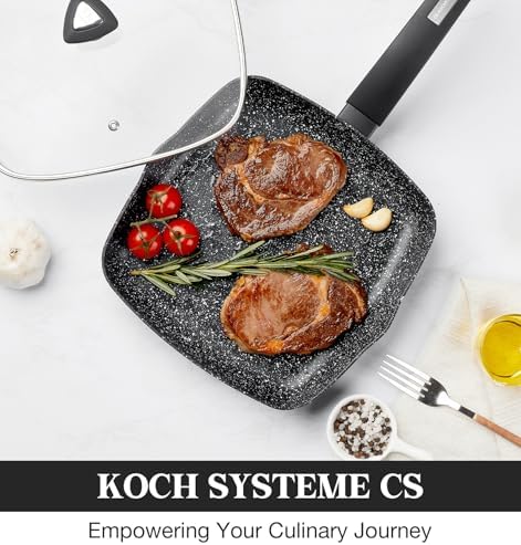 KOCH SYSTEME CS 9.5 Inch Nonstick Grill Pan for Stove Tops, Marble Coating Square Grill Skillet with Lid, Fry Pan Compatible with all Stoves