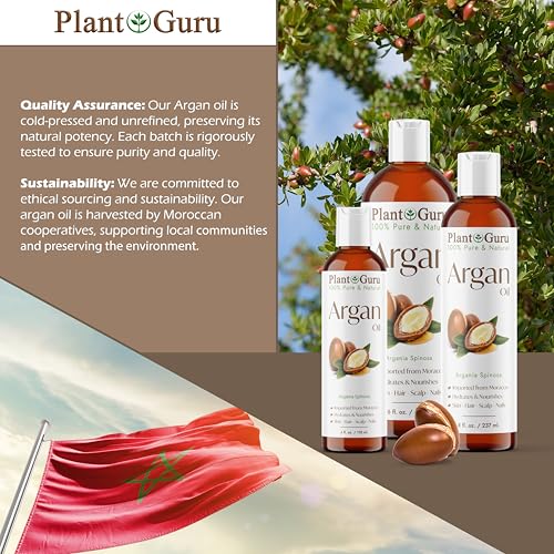 Plant Guru Argan Oil 16 fl. oz. Morocco Virgin, Cold Pressed 100% Pure Natural - Stimulates Hair Growth, Skin, Face And Body Moisturizer.