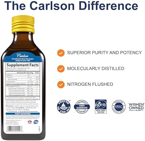 Carlson The Very Finest Fish Oil, 1600 mg, Omega-3s, 200 mL (6.7 Fl Oz) | Lemon; Liquid Fish Oil Supplement; Norwegian Fish Oil; Wild Caught; Sustainably Sourced Fish Oil Liquid