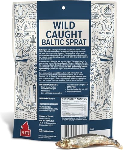 PLATO Single Ingredient Wild-Caught Baltic Sprat Dog Treats, Air-Dried Whole Fish, Omega-Rich Skin & Coat Support, 3 oz