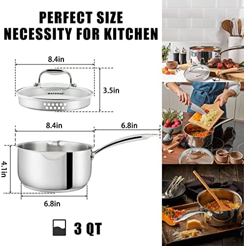 Rorence 3.7 Quart Stainless Steel Induction Sauce Pan with Lid | Stainless Steel Pot Saucepan with Pour Spout & Glass Lid with Strainer