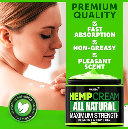 Natural Hemp Cream - Maximum Strength Gel - Hemp Cream with Arnica, MSM, Glucosamine, Menthol, Aloe, Turmeric, Boswellia - Fast Absorption, Non-Greasy