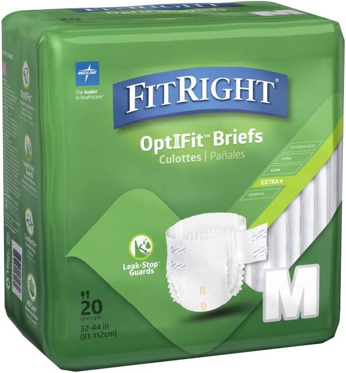 FitRight Adult Diapers, Extra+ Heavy Absorbency, M (Waist Size 32in-44in), 80 Count, OptiFit Incontinence Briefs for Men and Women, Disposable, Moisture-Wicking, Leak Protection,
