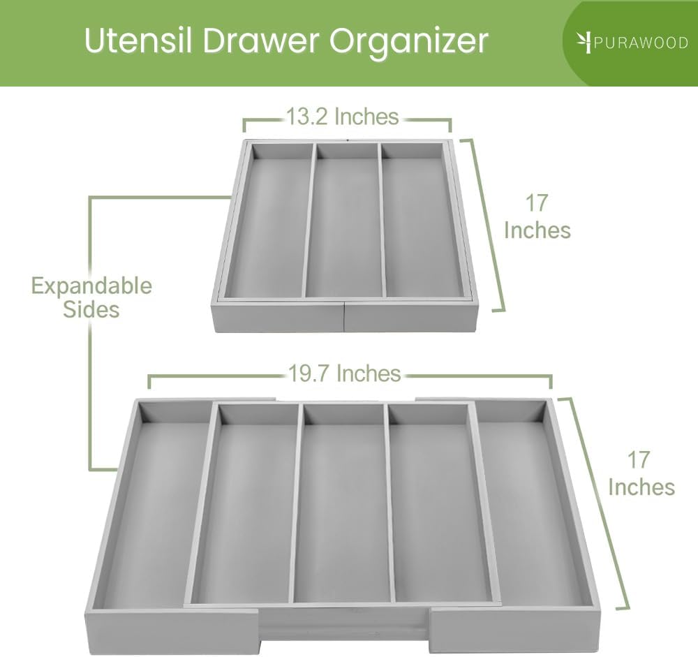 Purawood Kitchen Drawer Organizer - Expandable Utensil Drawer Organizer for Kitchen, Cutlery Tray & Silverware Organizer