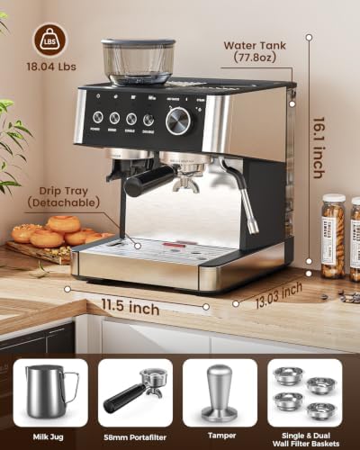 (2026 Upgrade) Espresso Machine with Grinder, 15 Bar Expresso Coffee Machines, Professional Coffee Maker for Latte&Cappuccino with Milk Frother, Expresso Machines for Home Descaling Kit Included White