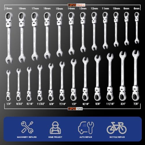 Qnkaa Flexible Ratchet Wrench Set 12pcs 8-19mm Spanner Gear Ring Ratcheting Combination Flexi Wrench Kit Metric Flex Head