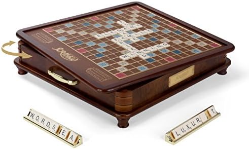 WS Game Company Scrabble Luxury Edition Rotating Wooden Board Game Set | Classic Word Game, Luxurious Wood Cabinet, Rotating Game Board