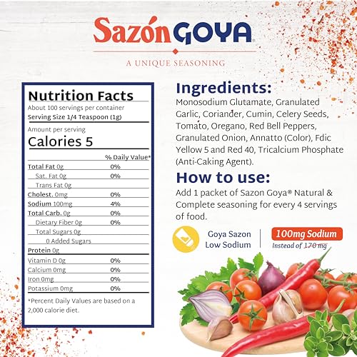 Goya Sazón Natural and Complete, Vegetables, All Purpose Seasoning, 3.52oz | Low Sodium Latin Spice Blend for Poultry, Seafood, Meat and Vegetables, All Purpose Mexican Seasoning, No Salt Added, Tasty