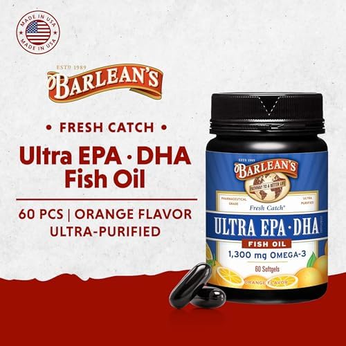 Barlean's Orange Omega-3 Fish Oil Softgels, 1300mg EPA & DHA, 60ct | Wild-caught fish oil, Ultra-high potency EPA DHA omega-3, Burpless, Non-GMO