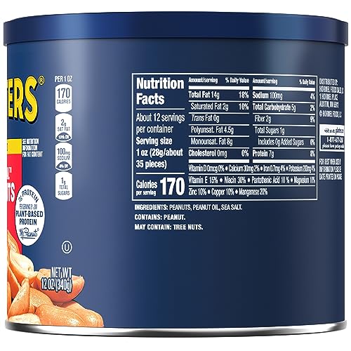 PLANTERS Salted Peanuts, Plant Based Protein Snacks, 12 Oz (1 Ct) | Roasted Salted Nuts. Resealable Canister. Snacks for Adults. Party Mix, Party Snacks