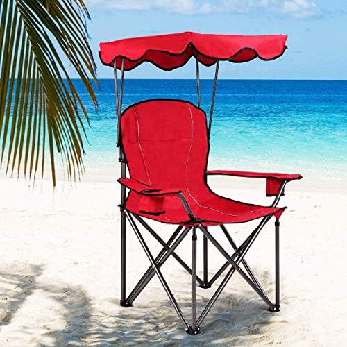 Goplus Camping Chair with Canopy Shade, Folding Lawn Chair with Umbrella Cup Holder & Carry Bag, Portable Sunshade Chair for Adults for Beach Outdoor Travel Hiking Fishing (Red)
