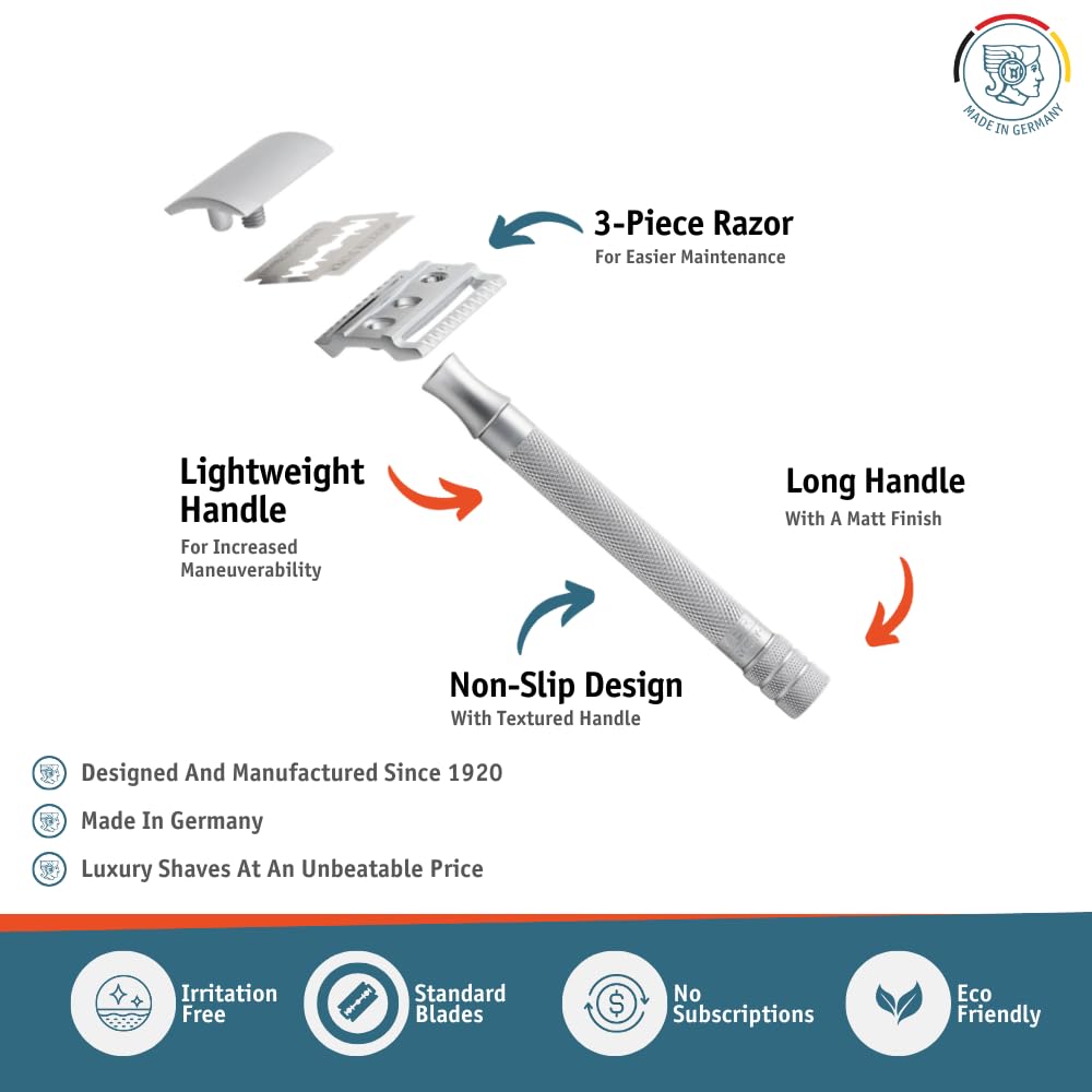 MERKUR 23C Double Edge Safety Razor - Polished Chrome, Long Knurled Brass Handle, Made in Germany, Plastic-Free, Three Piece Design, Closed Comb, Straight Bar