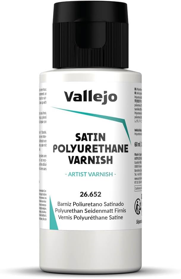 Vallejo - Polyurethane Varnish | Satin Finish 200 ml. (6.76 fl.oz.) | Extraordinary Hardness & Permanence | Create a Perfect Clear Coat | Scratch Resistant for Outdoor and Indoor Surfaces