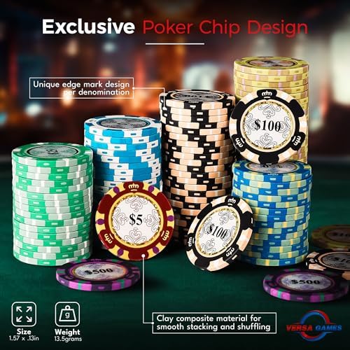 Versa Games Poker Chip Set - Casino Grade 13.5g Poker Chips, 7 Color Chip Denomination - 2 Decks of Cards, Dice