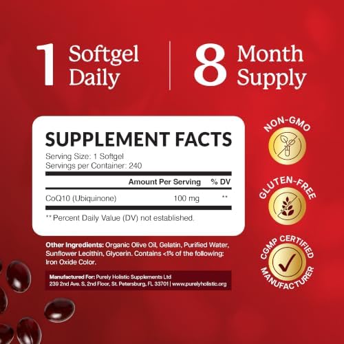CoQ10 100mg Softgels, Heart Health Support, 8 Month Supply, High Absorption | Coenzyme Q10 for Energy Levels & Vitality Support, Co Q 10 Supplement
