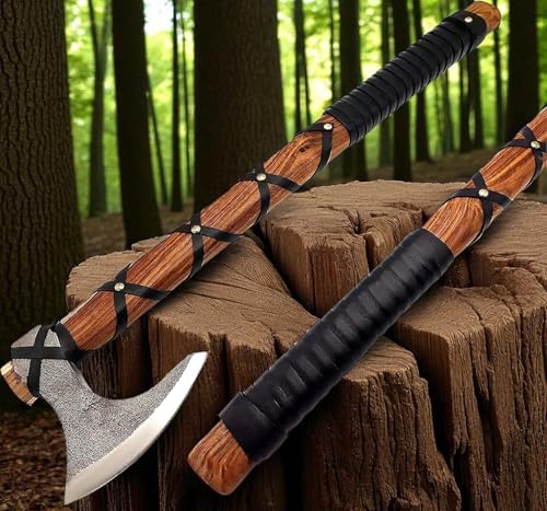 Poshland AX-7000 Custom Gift Forged Carbon Steel Viking Axe with Rose Wood Shaft, Viking Bearded Camping Axe