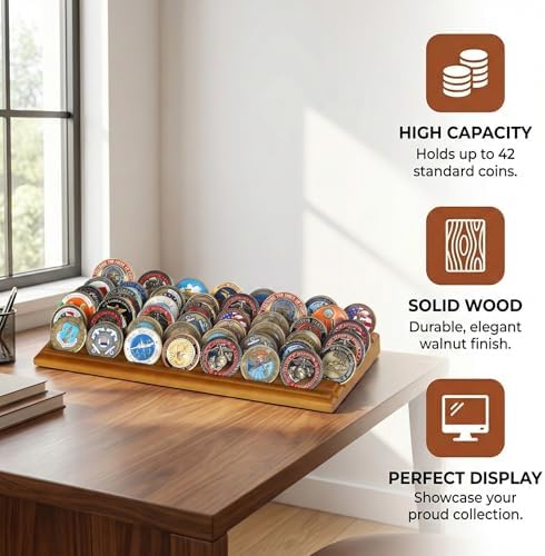 DisplayGifts Challenge Coin Display Stand 4 Row Wooden Holder Rack Case Holds 28 Coins Walnut Finish