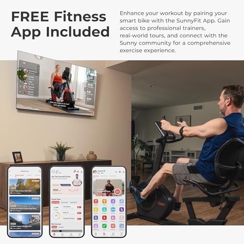 Sunny Health & Fitness Smart Recumbent Bike, Wide Cushioned Seat & Back, Indoor Cycling Machine for Adult/Seniors Home Exercise, Free SunnyFit App Connection