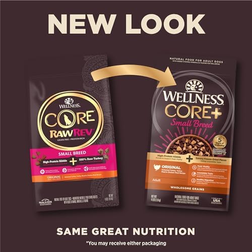 Wellness CORE+ Small Breed Adult Dry Dog Food with Freeze Dried Pieces, Wholesome Grain Kibble+, Natural, High Protein, Turkey and Chicken Recipe, 4 lb Bag