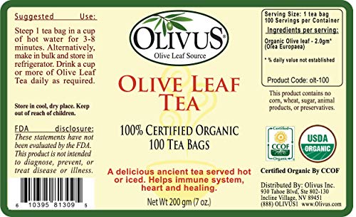 Olive Leaf Tea - Certified Organic - Non-GMO Herbal Tea Bags (100 count) - Sourced from Spain and Manufactured in USA - Antioxidant Immunity Supplement for Health Wellness & Vitality